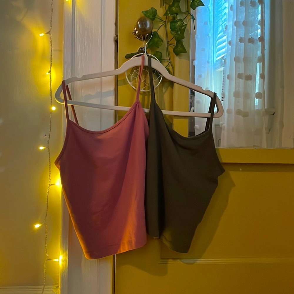 2 tank tops - spaghetti straps, great condition, moss green, flamingo pink